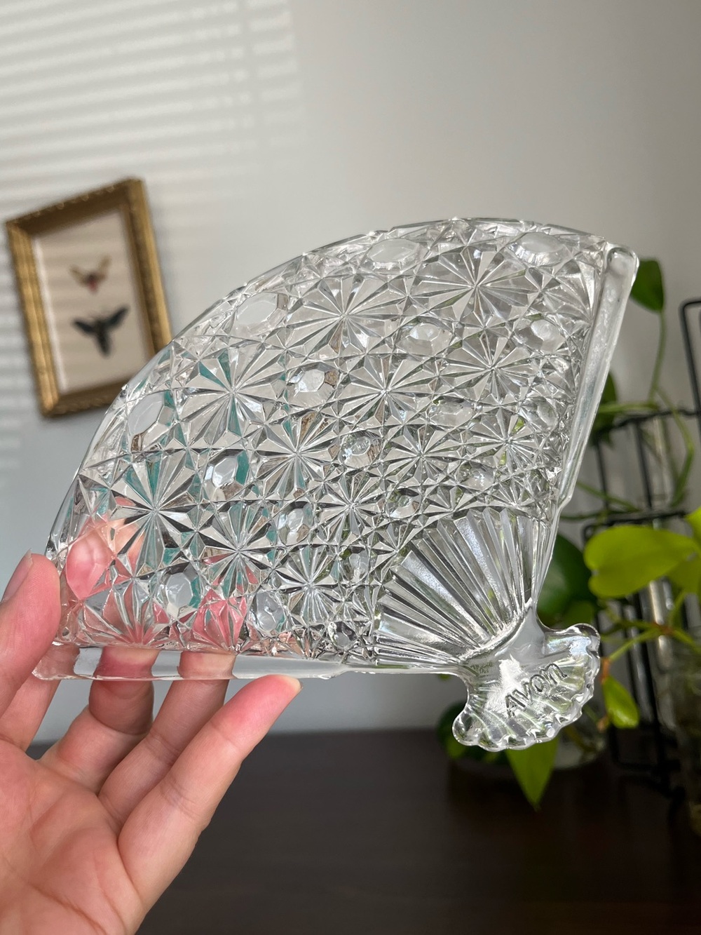 Vintage Avon cut glass fan-shaped trinket dish. Circa 70’s 80’s